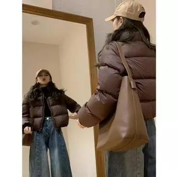 МОДА пуховая хлопковая одежда женская короткая зимняя 2024 новая утолщенная маленькая европейская и американская одежда с воротником-стойкой S чёрный