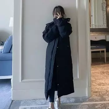 МОДА Пуховая стеганая одежда Женская зимняя одежда 2024 года Куртка с стеганой курткой выше колена Супердлинная до щиколотки Студенческая китайская стеганая одежда Одежда S чёрный