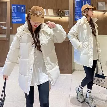 МОДА пуховик с хлопковой подкладкойженский средний и длинный с капюшоном 2024 зима новый утолщенный хлопковый подкладочный студенческий хлеб хлопковый подкладочный s модная одежда S жёлтый