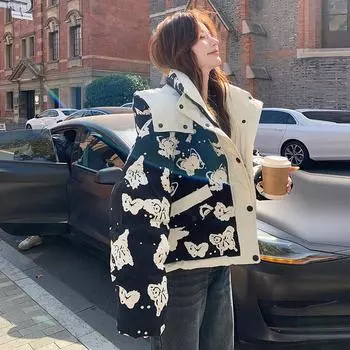 МОДА Пуховик с капюшоном и мелким принтом, женская зимняя новая короткая универсальная белая теплая куртка на утином пуху 2024 года S