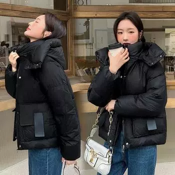 МОДА пуховик женский 2024 новый зимний утепленный короткий с капюшоном теплый свободный студенческий хлеб одежда M чёрный