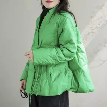 МОДА Пуховик женский 2024 зимняя мода V-образный вырез на пуговицах теплая одежда для хлеба зимняя легкая одежда больших размеров M чёрный