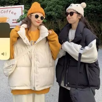 МОДА Пуховый хлопковый жилет женский 2024 года, новый зимний воротник-стойка, утепленная утепленная повседневная куртка для поездок на работу Одежда S 70-45 kg чёрный