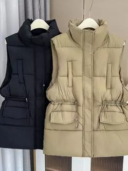 МОДА Пуховый хлопковый жилет женский 2024 осень-зима новый воротник-стойка утолщенная талия дизайн элитный жилет куртка Одежда M [recommended 85-52.5kg