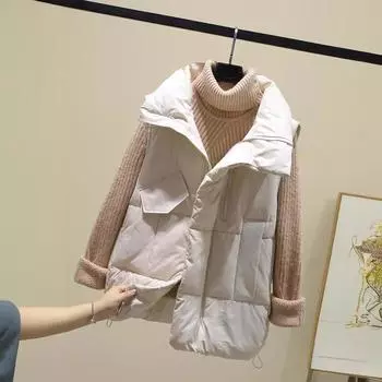 МОДА Пуховый хлопковый жилет женский студенческий свободный жилет куртка 2024 зима новый жилет верхняя одежда простой жилет Одежда M чёрный