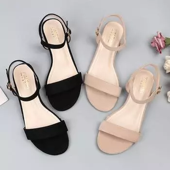 Мода Размер 33-43 Летняя модная обувь для женщин 2024 года Замшевые туфли с квадратным каблуком и открытым носком Простые сандалии на плоской подошве с римским ремнем Абрикосовый цвет Удобный 33(Foot21.5cm) чёрный