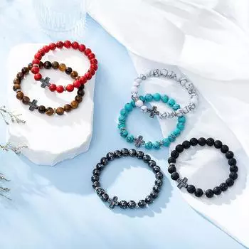 Мода Религия Крест Мужчины Женщины 8 мм Натуральный камень Тигровый глаз Вулканический камень Бисер Браслет Эластичный браслет Ювелирные изделия