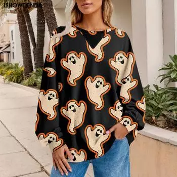 Мода Ретро 3D Печать Хэллоуин Тыква Пуловер Девушки Женщины Толстовки Большие Спортивные Костюмы Пуловер Девушки Длинные Рукава Ткань S