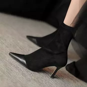 мода ретро эластичные носки сапоги женские осень/зима новые модные остроносые застежки-молнии одинарные сапоги с шитьем высокие каблуки женская обувь 34 абрикосовый