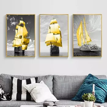 Мода Ретро Арт Пейзаж Холст Картина Желтый Парусник Плакат Офис Настенная Роспись для Гостиной Украшения Дома Фреска Без Рамки 21*30cm