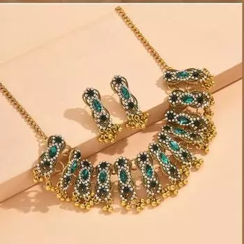 Мода Ретро Ближневосточный Стиль Многослойное Древнее Золото Цветные Бриллианты Драгоценные Камни Преувеличенный Темперамент Серьги Ожерелье Комплект Ювелирных Изделий Женщины чёрный