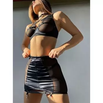 Мода Ретро Лето Новый Сексуальный Сет нижнего белья из сетки из четырех предметов Вырезы Прозрачный Раздельный Черный Топ-майка Женский Black S
