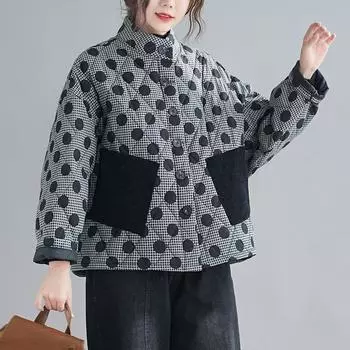 МОДА ретро литературный ромб хлопчатобумажные женские короткие жакеты с хлопчатобумажной подкладкой для женщин, уменьшающие возраст, утолщенные горошек маленькие хлопчатобумажные жакеты one size fits all чёрный