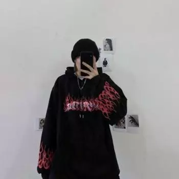 МОДА Ретро Пламя Принт Толстовки Женские Осенние Повседневные Оверсайз Длинные Рукава Пуловеры Топы Корейский Стиль Харадзюку Унисекс Свободный Свитшот XXL чёрный