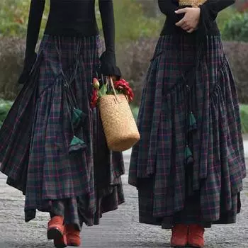 МОДА Ретро-стиль в народном стиле Женская мода в клетку макси-юбка сращивание нерегулярные плиссированные юбки с высокой талией длинная юбка S зелёный