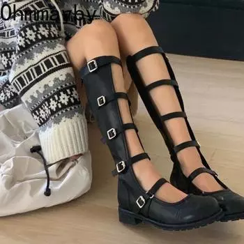 мода Ретро Стиль Женские сандалии Ботинки Модные полые длинные ботинки Женские элегантные туфли на плоской подошве Осенняя удобная женская обувь 35 чёрный