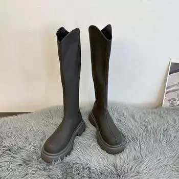мода Ретро Стиль Женские Сапоги до Колена Модные Ботинки с Задней Молнией Осень Зима Толстый Каблук Женские Рыцарские Длинные Ботильоны 35