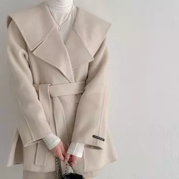 МОДА ретро темперамент модный шик большой лацкан маленький шнуровка шерстяное пальто шерстяное пальто Одежда S бежевый