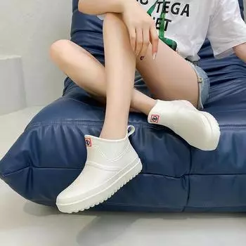 мода резиновые туфли женские водонепроницаемые резиновые сапоги трендовые ботильоны галоши женские повседневные туфли на плоской подошве рабочие пары резиновая обувь Botas De Lluvia 36 белый