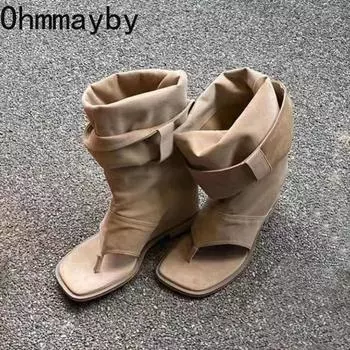 мода Рим Стиль Женщины Ковбойские сапоги в стиле вестерн Мода Clip Toe Внутренний подъем Spice Girls Уличные брюки Сапоги 35 коричневый