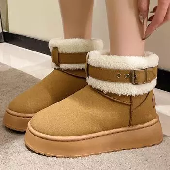 мода Rimocy Металлическая пряжка Теплые женские сапоги Bare Boots Толстые плюшевые зимние сапоги на платформе для отдыха на открытом воздухе Повседневные пушистые короткие сапоги Femme 36 чёрный