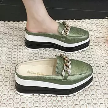 Мода Rimocy Металлическая пряжка Толстая подошва Броги Туфли женские Лоскутная платформа Полутапочки Весна Осень Слип-он Кожа PU Flats 35 чёрный