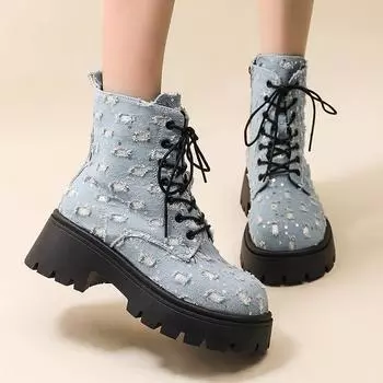 Мода Rimocy Ретро рваные джинсовые ботильоны на платформе женские туфли на толстой подошве со шнуровкой женские модные синие джинсовые ботильоны на толстом каблуке 2024 35 чёрный
