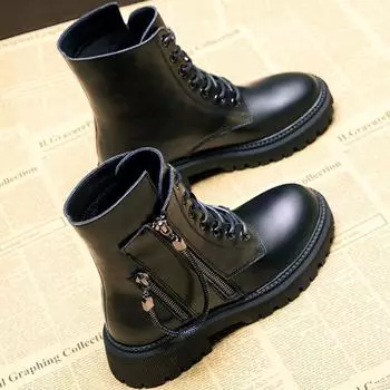 мода Рок обувь Женщина сапоги полуботинки женские роскошные дизайнерские сапоги-женщины на низком каблуке полуботинки с круглым носком короткие средние 35 чёрный