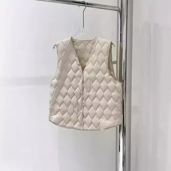 МОДА ромбовидный пуховый жилет женский теплый внутренний слой легкая и тонкая подкладка осень 2024 новые модели с тонким V-образным вырезом короткий жилет Одежда S (40 kg - 50 kg)