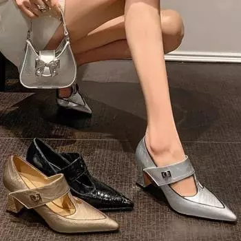 мода Роскошные туфли на высоком каблуке с острым носком Элегантные туфли Marie Janes для женщин 2024 года, трендовые осенние туфли в готическом стиле для вечеринок Zapatos Mujer 34 чёрный