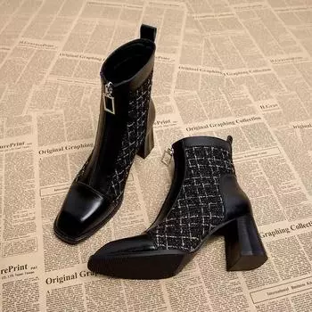 мода роскошные женские ботильоны на высоком каблуке с квадратным носком кожаные туфли 2024 тренд меховые зимние женские зимние сапоги хлопок плюшевые Zapatos Mujer 35 чёрный