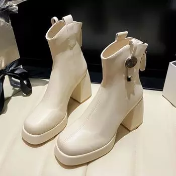 мода Роскошные женские ботильоны на высоком каблуке с квадратным носком Модные дизайнерские кожаные туфли Зима 2025 Тренд Готика Толстые вечерние ботинки Mujer 34