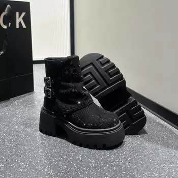 мода Роскошные зимние ботинки на платформе с кристаллами и щиколоткой Модные туфли на высоком каблуке Мягкая обувь Зима 2025 года Тренд Теплые готические туфли Челси Толстые ботинки женские 35 чёрный