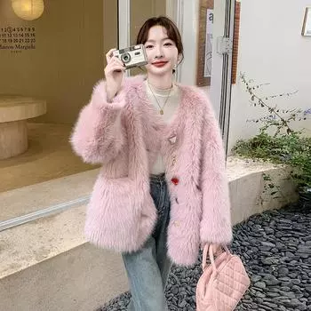 МОДА Розовая плюшевая куртка из экологически чистого меха для женщин 2024 года, зимняя, новый дизайн, свободное пальто из иностранного пуха, модная одежда one size fits all розовый
