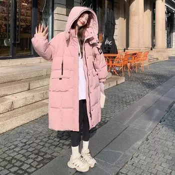 МОДА Розовый длинный пуховик женский зима 2024 новый корейский сладкий дизайн нишевая белая куртка с капюшоном на утином пуху одежда S розовый