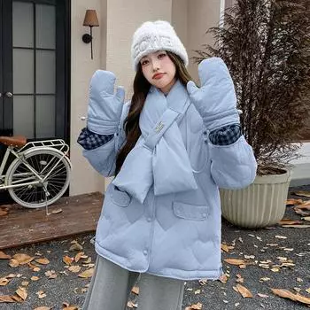 МОДА розовый пуховик Love женский 2024 зима новый двусторонний шарф перчатки маленький белый пуховик утиный пуховик Одежда S розовый