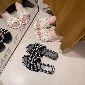 мода RUANDAI Большие размеры Шлепанцы Одежда 2024 Лето Новые квадратные головки Стразы Шлепанцы Женские Модные Шлепанцы Zapatos De Mujer 35 чёрный