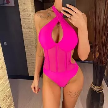 мода S - XL на косточках вырез халтер женский купальник цельный купальник женский монокини высокий вырез купальный костюм купальник леди S зелёный