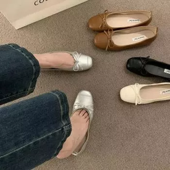 Мода Серебряные балетки с квадратным носком и бантом Летние женские балетки на плоской подошве Туфли Мэри Джейн с бантом Повседневный бренд с квадратным носком 35 бежевый