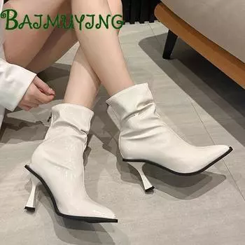 мода сексуальная женская обувь остроносые высокие каблуки ботильоны 2025 трендовый бренд панк вечеринка зимние сапоги женские дизайнерские туфли-лодочки Mujer Botas 35 чёрный