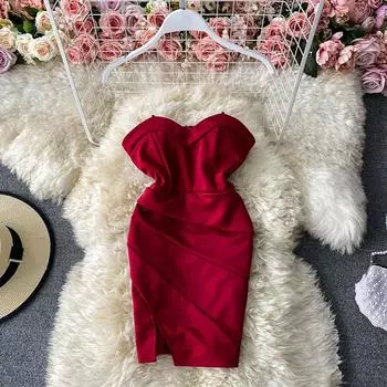 МОДА Сексуальное вечернее платье с открытыми плечами и запахом на груди Женское элегантное плиссированное мини-платье Облегающее платье S красный