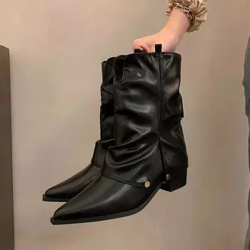 мода сексуальные остроносые туфли на среднем каблуке женские туфли ботильоны 2025 тренд массивные модные офисные туфли-лодочки обувь новинка вечерние панк женские туфли 35 чёрный