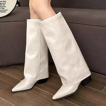 мода сексуальные остроносые туфли на высоком каблуке женская обувь сапоги до колена 2025 тренд дизайнер элегантные панк сапоги челси туфли на высоком каблуке женские ботинки 35 бежевый