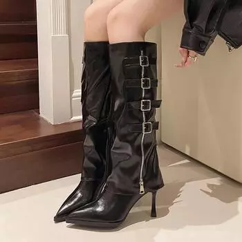 мода сексуальные остроносые туфли на высоком каблуке женская обувь брендовые сапоги до колена 2025 трендовые сапоги на шпильках с застежкой-молнией панк-сапоги дизайнерские туфли-лодочки Mujer Botas 35 чёрный