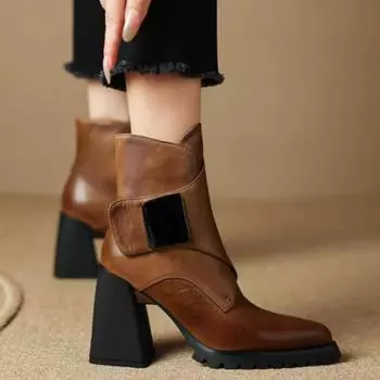 мода сексуальные остроносые высокие каблуки ботильоны женские толстые ботинки бренд зима 2025 тренд челси кожаные туфли мода Botas Mujer 34 коричневый