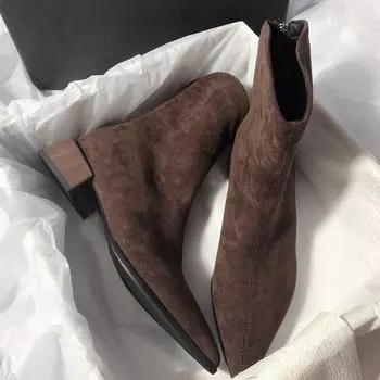 мода сексуальные остроносые высокие каблуки ботильоны зимние теплые замшевые туфли женские 2025 тренд мода массивные туфли элегантные туфли-лодочки Botas Mujer 35 чёрный