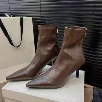 мода Сексуальные остроносые высокие каблуки зимние ботильоны модная кожаная обувь женская брендовая зимняя тенденция элегантные офисные туфли на шпильке Botas Mujer 35 чёрный
