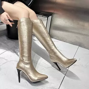 мода Сексуальные серебристые женские сапоги до колена Модные заостренные носки Длинные сапоги Дизайнерские тонкие высокие каблуки Туфли для стриптиза Botas Mujer 35 коричневый