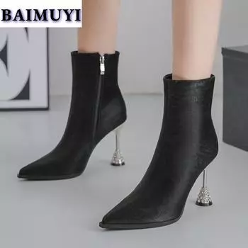 мода сексуальные заостренные носки на высоком каблуке женские ботильоны туфли с кристаллами 2025 тренд люксовый бренд молния челси сапоги выпускной туфли женские ботинки 34 бежевый