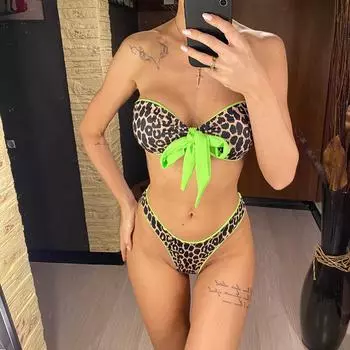 мода сексуальный бандо завязанный сплайсированный леопардовый бикини женский купальник женский купальник из двух частей комплект бикини купальный костюм купальный костюм плавание S леопардовый
